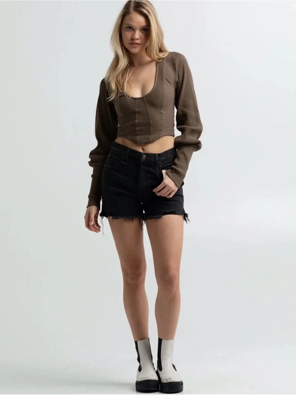 Free People Brown Ribbed Scoop-Neck Women's Top